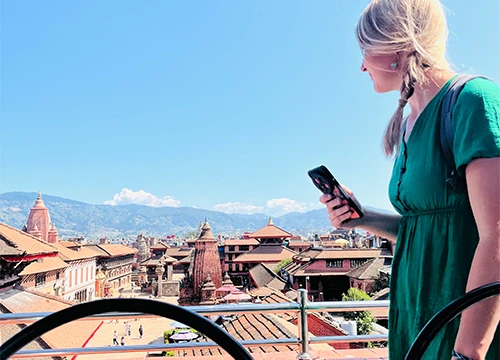 Traveler enjoying a panoramic view of Bhaktapur Durbar Square